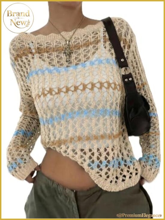 Sweaters - Women's Crochet Knit Sweater Long Sleeve Hollow Out Boat Neck Summer Cover Up
